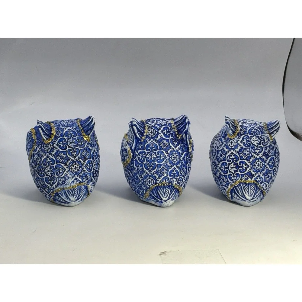 See No Evil Hear No Evil Speak No Evil Blue/white Resin Owls‎ Gold Accents